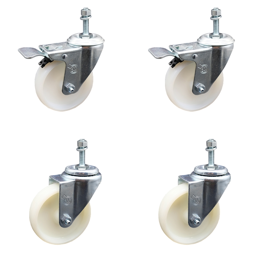 Nylon Swivel Threaded Stem Caster Set of 4 w/4" x 1.25" White Wheels and 3/8" Stems - Includes 2 with Total Locking Brake - 1200 lbs Total Capacity - Service Caster Brand — photo 1