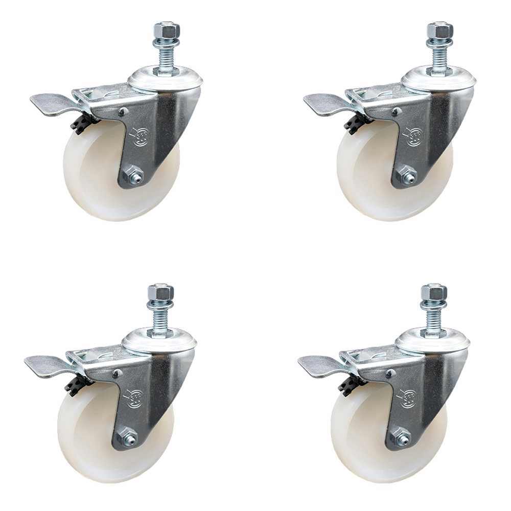 Nylon Swivel Threaded Stem Caster Set of 4 w/4" x 1.25" White Wheels and 3/8" Stems - Includes 4 with Total Lock Brakes - 1200 lbs Total Capacity - Service Caster Brand — photo 1