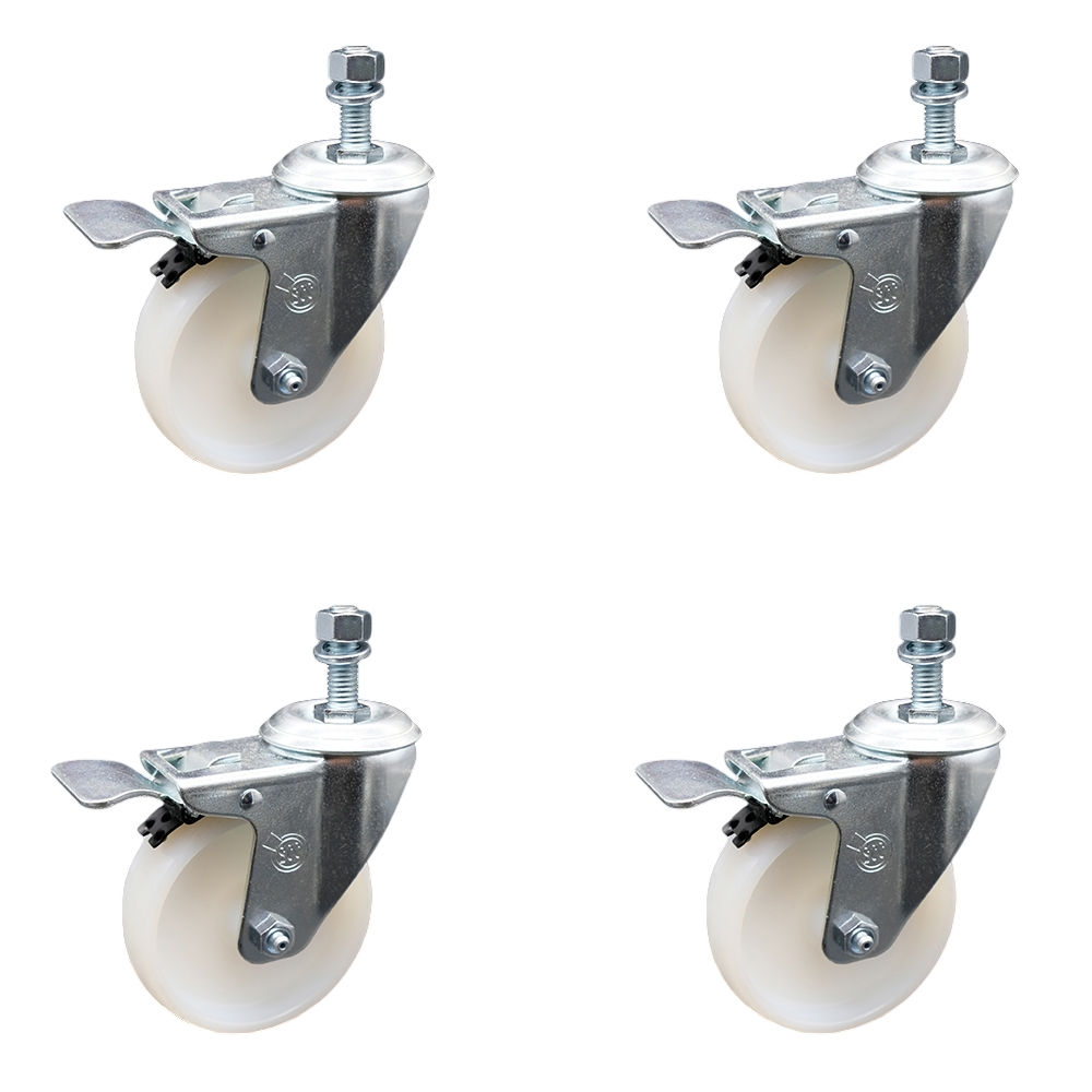 Nylon Swivel Threaded Stem Caster Set of 4 w/4" x 1.25" White Wheels and 10mm Stems - Includes 4 with Total Lock Brakes - 1200 lbs Total Capacity - Service Caster Brand — photo 1