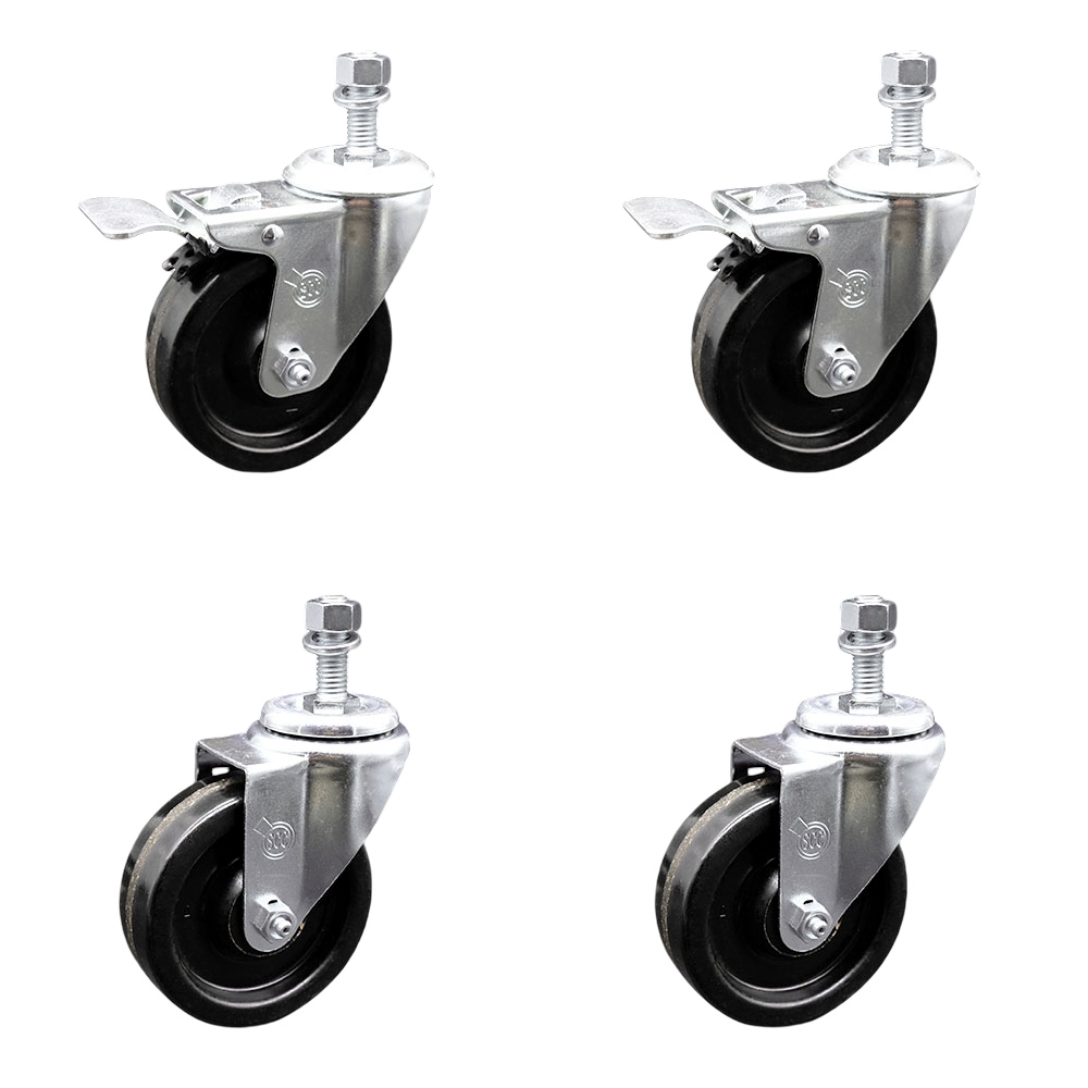 Phenolic Swivel Threaded Stem Caster Set of 4 w/Roller Bearing - 4" x 1.25" Black Wheels and 1/2" Stems - Includes 2 with Total Locking Brake - 1200 lbs Total Capacity - Service Caster Brand — photo 1