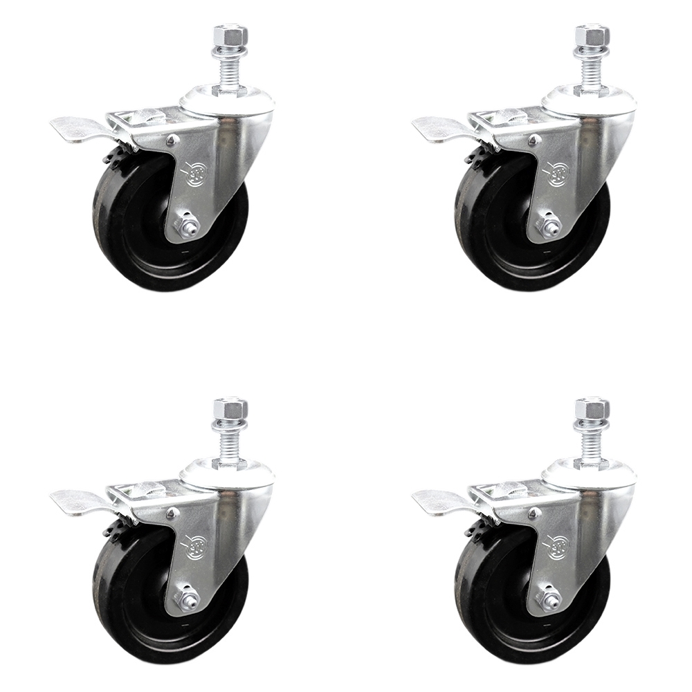 Phenolic Swivel Threaded Stem Caster w/Roller Bearing Set of 4 w/4" x 1.25" Black Wheels and 1/2" Stems - Includes 4 with Total Lock Brakes - 1200 lbs Total Capacity - Service Caster Brand — photo 1