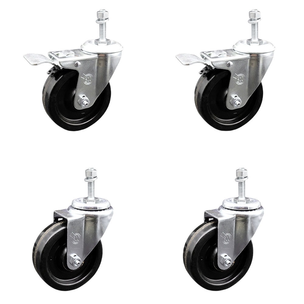 Phenolic Swivel Threaded Stem Caster Set of 4 w/Roller Bearing - 4" x 1.25" Black Wheels and 3/8" Stems - Includes 2 with Total Locking Brake - 1200 lbs Total Capacity - Service Caster Brand — photo 1