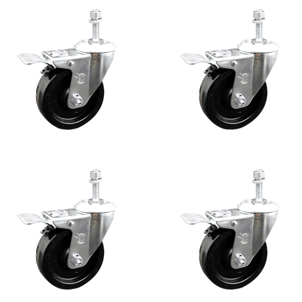 Phenolic Swivel Threaded Stem Caster w/Roller Bearing Set of 4 w/4" x 1.25" Black Wheels and 3/8" Stems - Includes 4 with Total Lock Brakes - 1200 lbs Total Capacity - Service Caster Brand — photo 1
