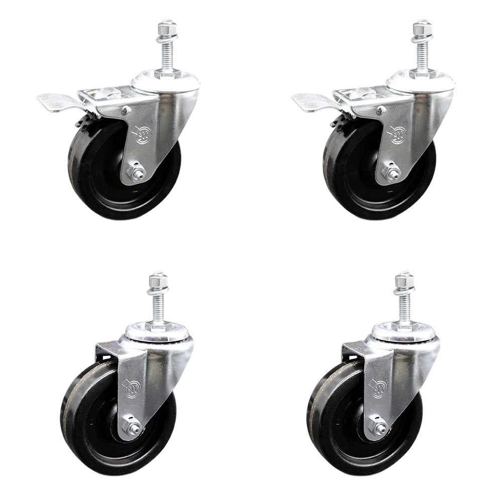 Phenolic Swivel Threaded Stem Caster Set of 4 w/Roller Bearing - 4" x 1.25" Black Wheels and 10MM Metric Stems - Includes 2 with Total Locking Brake - 1200 lbs Total Capacity - Service Caster Brand — photo 1