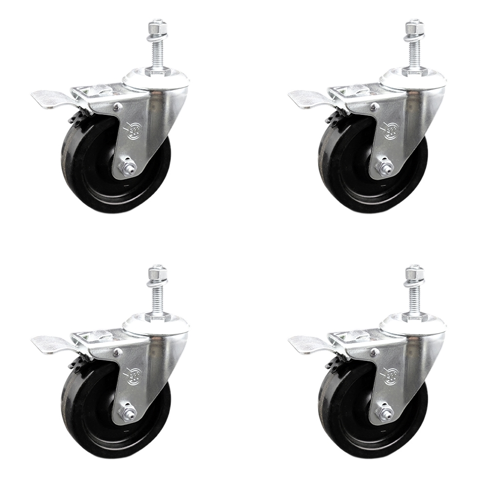 Phenolic Swivel Threaded Stem Caster w/Roller Bearing Set of 4 w/4" x 1.25" Black Wheels and 10mm Stems - Includes 4 with Total Lock Brakes - 1200 lbs Total Capacity - Service Caster Brand — photo 1