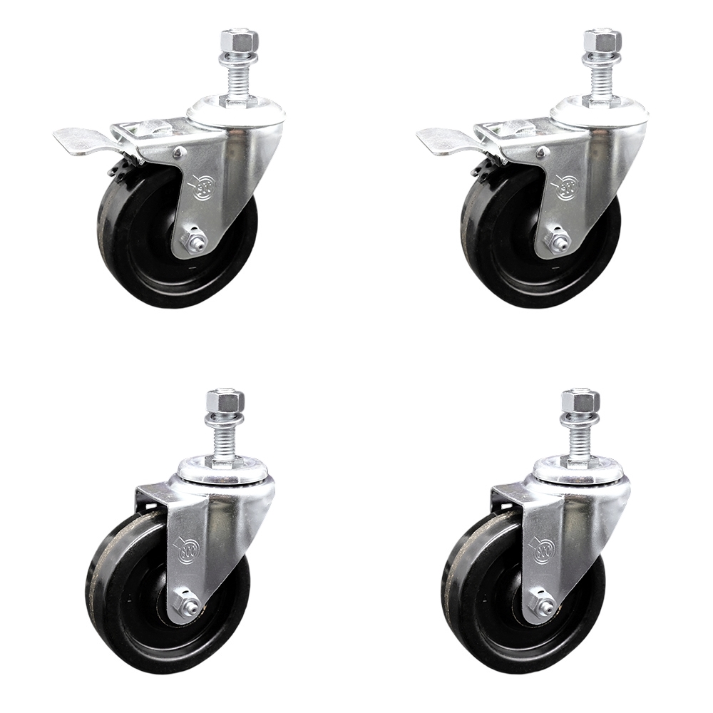 Phenolic Swivel Threaded Stem Caster Set of 4 w/Roller Bearing - 4" x 1.25" Black Wheels and 12MM Metric Stems - Includes 2 with Total Locking Brake - 1200 lbs Total Capacity - Service Caster Brand — photo 1