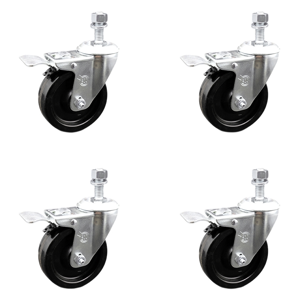 Phenolic Swivel Threaded Stem Caster w/Roller Bearing Set of 4 w/4" x 1.25" Black Wheels and 12mm Stems - Includes 4 with Total Lock Brakes - 1200 lbs Total Capacity - Service Caster Brand — photo 1