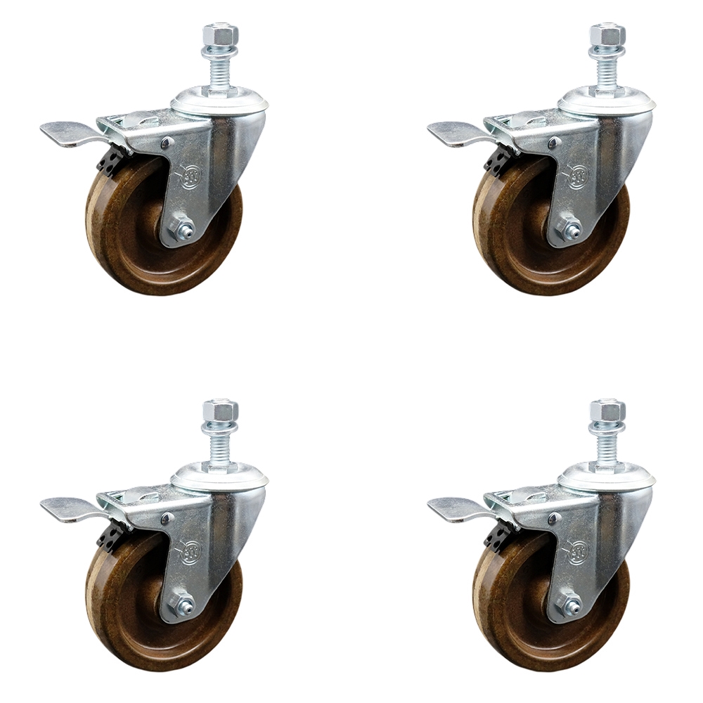 High Temperature Phenolic Swivel Threaded Stem Caster Set of 4 w/4" x 1.25" Brown Wheels and 1/2" Stems - Includes 4 with Total Lock Brakes - 1200 lbs Total Capacity - Service Caster Brand — photo 1