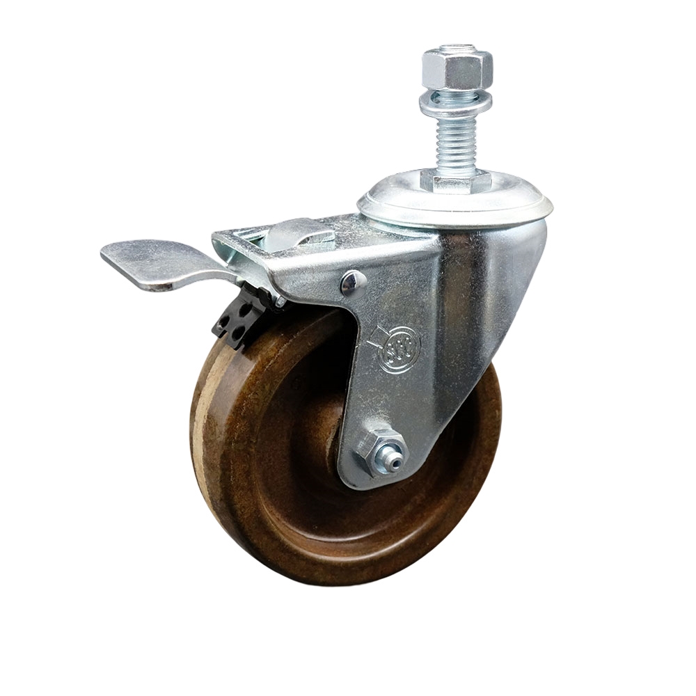 High Temperature Phenolic Swivel Threaded Stem Caster w/Roller Bearing - 4" x 1.25" Brown Wheel and 1/2" Stem & Total Locking Brake - 300 lbs Capacity/Caster - Service Caster Brand — photo 1