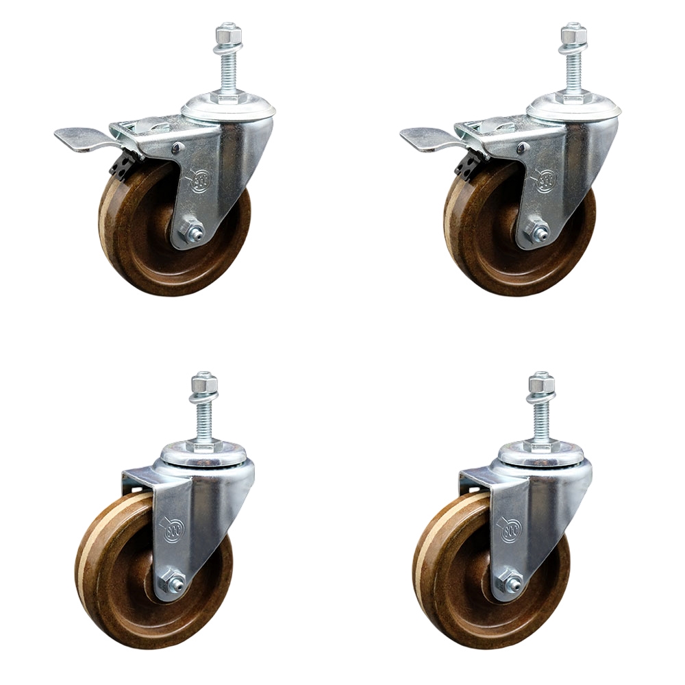 High Temperature Phenolic Swivel Threaded Stem Caster Set 4 w/Roller Bearing - 4" x 1.25" Brown Wheels and 3/8" Stems - Includes 2 with Total Locking Brake-1200lbs Total Capacity-Service Caster Brand — photo 1