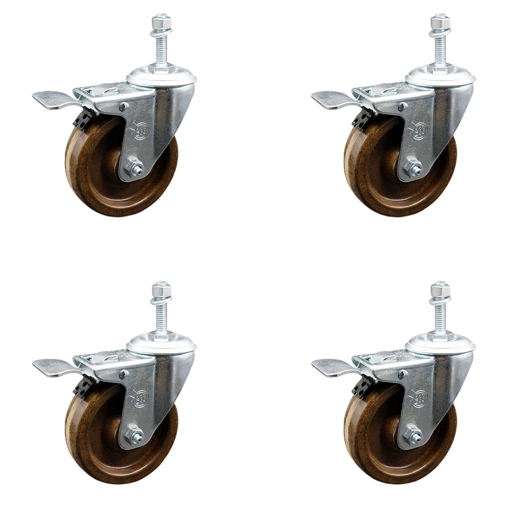 High Temperature Phenolic Swivel Threaded Stem Caster Set of 4 w/4" x 1.25" Brown Wheels and 3/8" Stems - Includes 4 with Total Lock Brakes - 1200 lbs Total Capacity - Service Caster Brand — photo 1