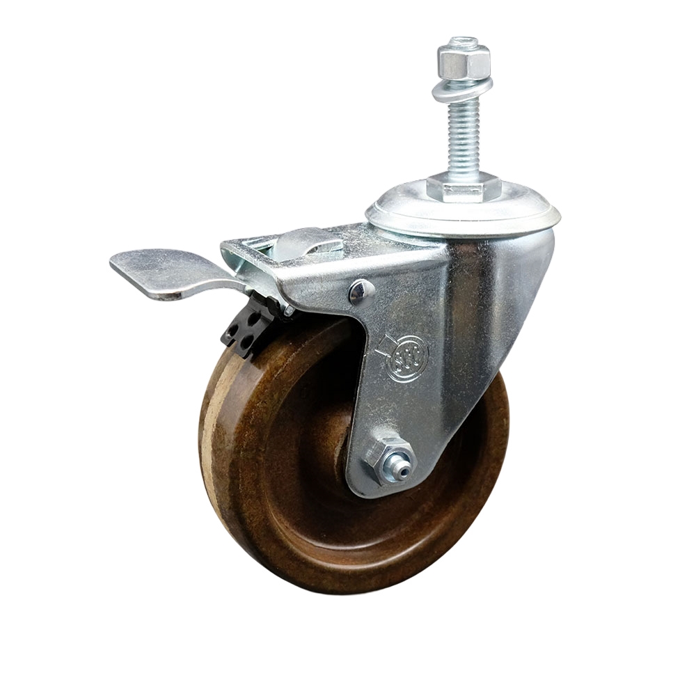 High Temperature Phenolic Swivel Threaded Stem Caster w/Roller Bearing - 4" x 1.25" Brown Wheel and 3/8" Stem & Total Locking Brake - 300 lbs Capacity/Caster - Service Caster Brand — photo 1