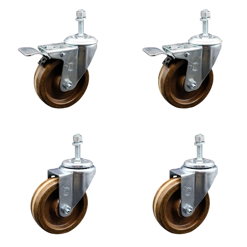 High Temperature Phenolic Swivel Threaded Stem Caster Set 4 w/Roller Bearing-4" x 1.25" Brown Wheels & 10MM Metric Stems-Includes 2 with Total Locking Brake-1200lbs Total Capacity-Service Caster Brand — photo 1