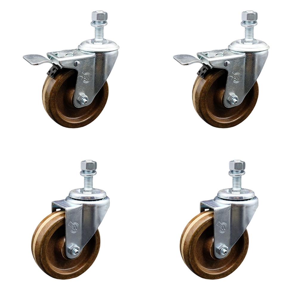 High Temperature Phenolic Swivel Threaded Stem Caster Set 4 w/Roller Bearing-4" x 1.25" Brown Wheels & 12MM Metric Stems-Includes 2 with Total Locking Brake-1200lbs Total Capacity-Service Caster Brand — photo 1