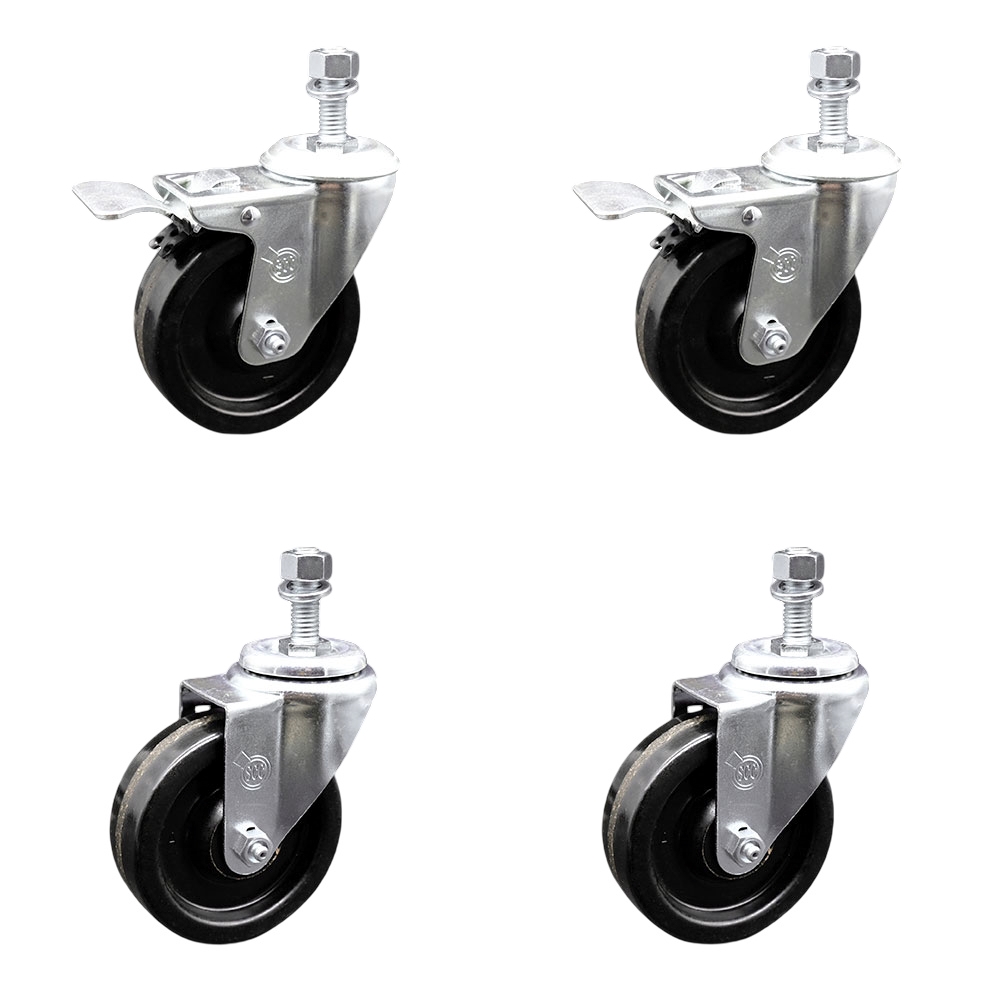 Phenolic Swivel Threaded Stem Caster Set of 4 w/4" x 1.25" Black Wheels and 1/2" Stems - Includes 2 with Total Locking Brake - 1200 lbs Total Capacity - Service Caster Brand — photo 1