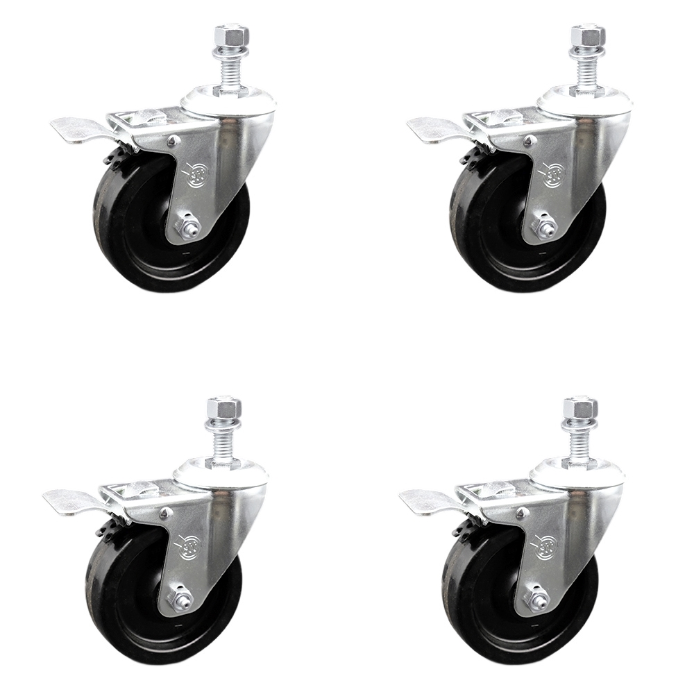 Phenolic Swivel Threaded Stem Caster Set of 4 w/4" x 1.25" Black Wheels and 1/2" Stems - Includes 4 with Total Lock Brakes - 1200 lbs Total Capacity - Service Caster Brand — photo 1