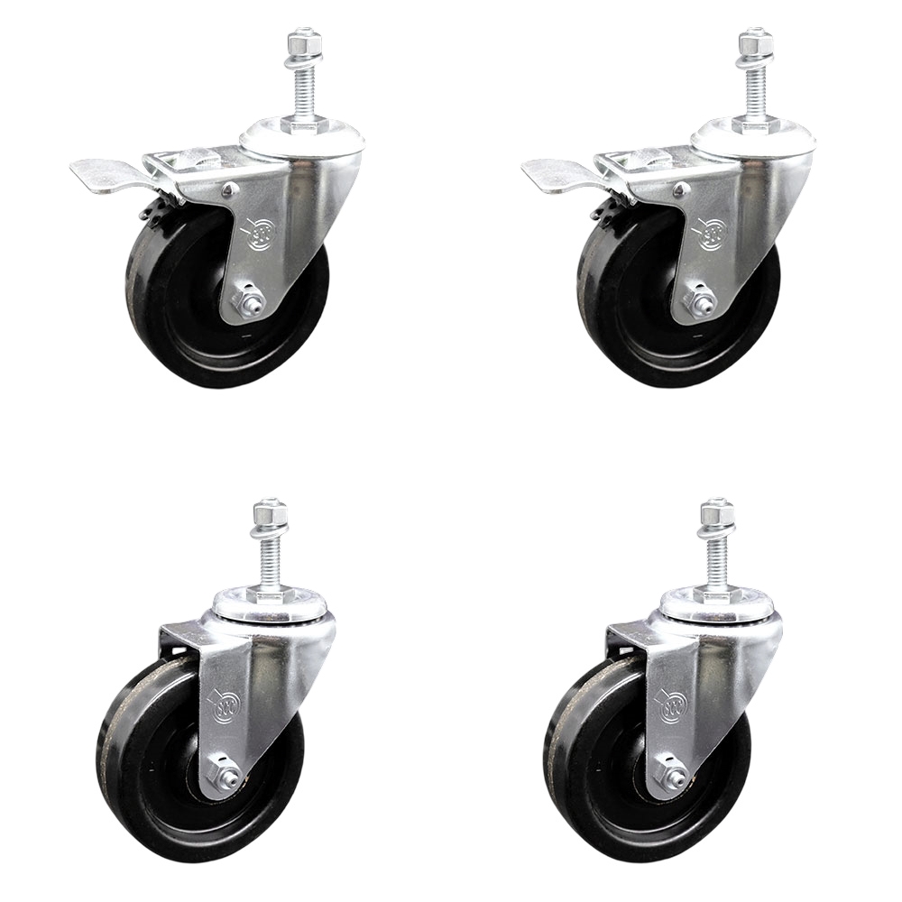Phenolic Swivel Threaded Stem Caster Set of 4 w/4" x 1.25" Black Wheels and 3/8" Stems - Includes 2 with Total Locking Brake - 1200 lbs Total Capacity - Service Caster Brand — photo 1