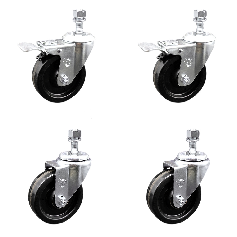 Phenolic Swivel Threaded Stem Caster Set of 4 w/4" x 1.25" Black Wheels and 12MM Metric Stems - Includes 2 with Total Locking Brake - 1200 lbs Total Capacity - Service Caster Brand — photo 1