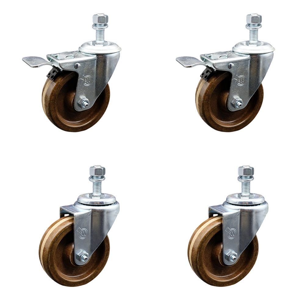 High Temperature Phenolic Swivel Threaded Stem Caster Set of 4 - 4" x 1.25" Brown Wheels and 1/2" Stems - Includes 2 with Total Locking Brake - 1200 lbs Total Capacity - Service Caster Brand — photo 1