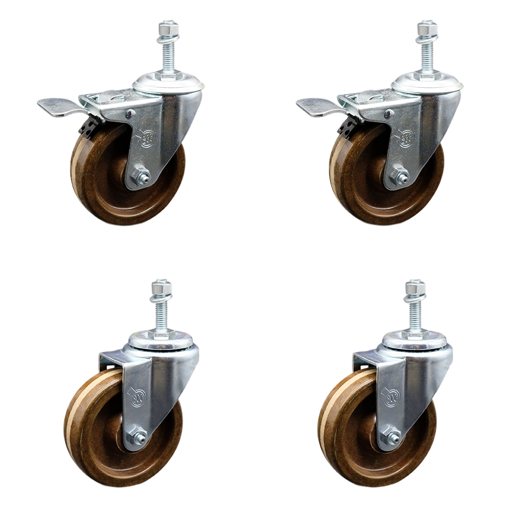High Temperature Phenolic Swivel Threaded Stem Caster Set of 4 - 4" x 1.25" Brown Wheels and 10MM Metric Stems - Includes 2 with Total Locking Brake - 1200 lbs Total Capacity - Service Caster Brand — photo 1