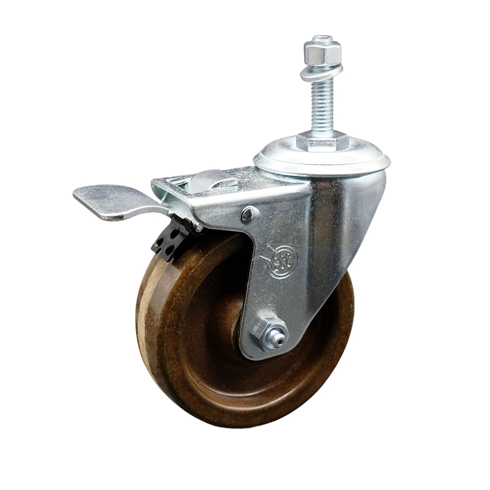 High Temperature Phenolic Swivel Threaded Stem Caster - 4" x 1.25" Brown Wheel and 10MM Metric Stem & Total Locking Brake - 300 lbs Capacity/Caster - Service Caster Brand — photo 1