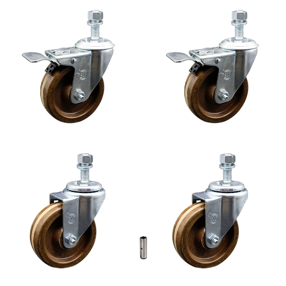 High Temperature Phenolic Swivel Threaded Stem Caster Set of 4 - 4" x 1.25" Brown Wheels and 12MM Metric Stems - Includes 2 with Total Locking Brake - 1200 lbs Total Capacity - Service Caster Brand — photo 1