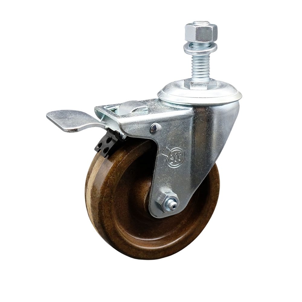 High Temperature Phenolic Swivel Threaded Stem Caster - 4" x 1.25" Brown Wheel and 12MM Metric Stem & Total Locking Brake - 300 lbs Capacity/Caster - Service Caster Brand — photo 1