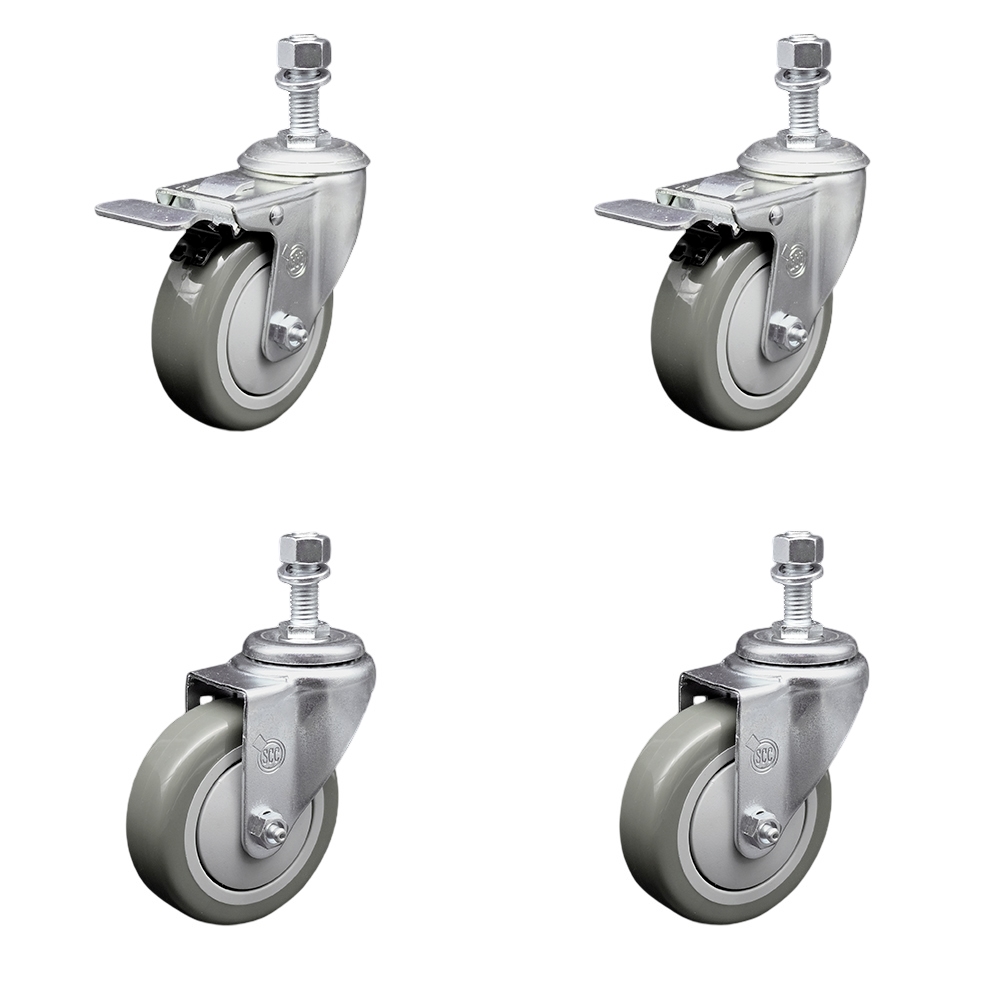 Polyurethane Swivel Threaded Stem Caster Set of 4 w/4" x 1.25" Gray Wheels and 1/2" Stems - Includes 2 with Total Locking Brake - 1400 lbs Total Capacity - Service Caster Brand — photo 1