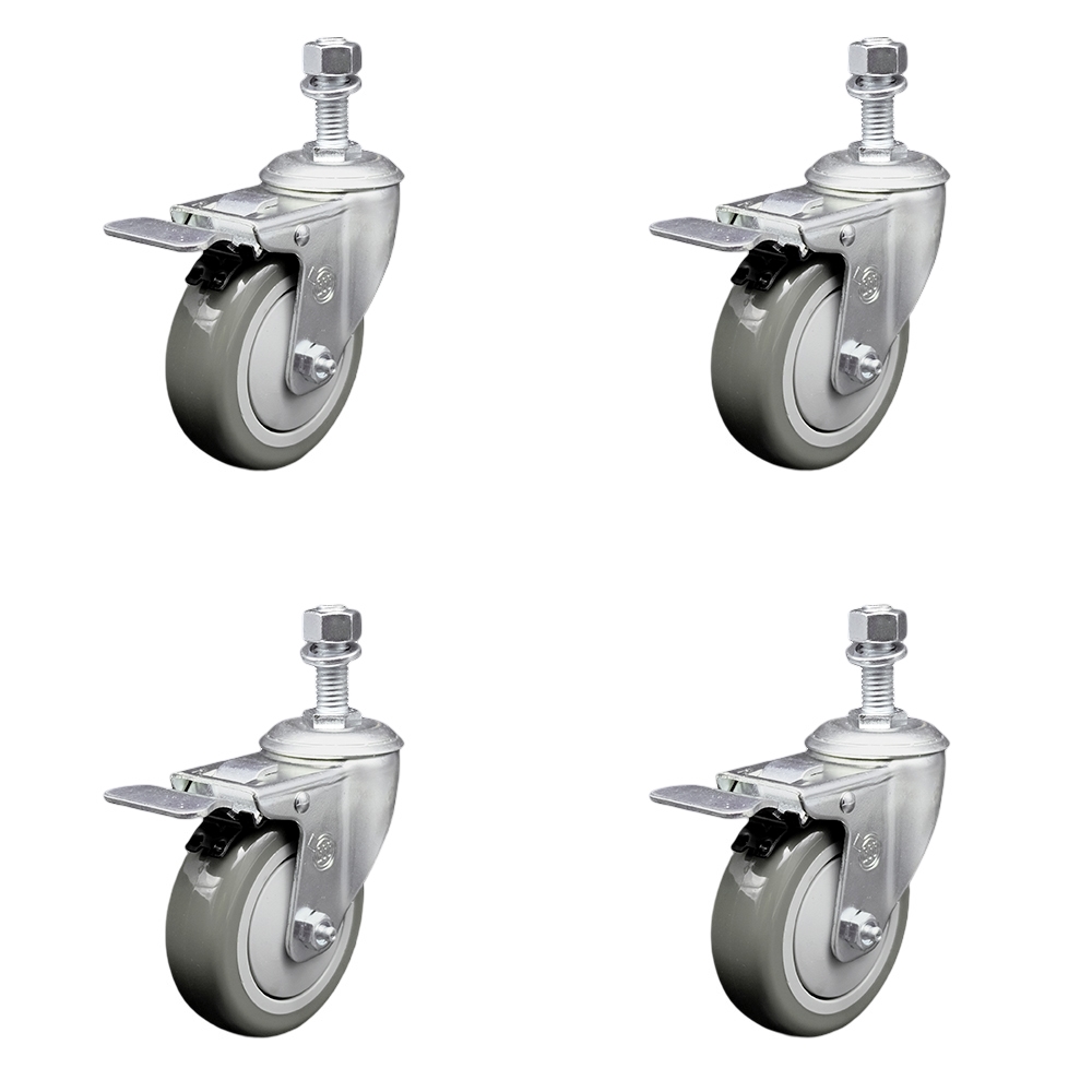 Polyurethane Swivel Threaded Stem Caster Set of 4 w/4" x 1.25" Gray Wheels and 1/2" Stems - Includes 4 with Total Lock Brakes - 1400 lbs Total Capacity - Service Caster Brand — photo 1