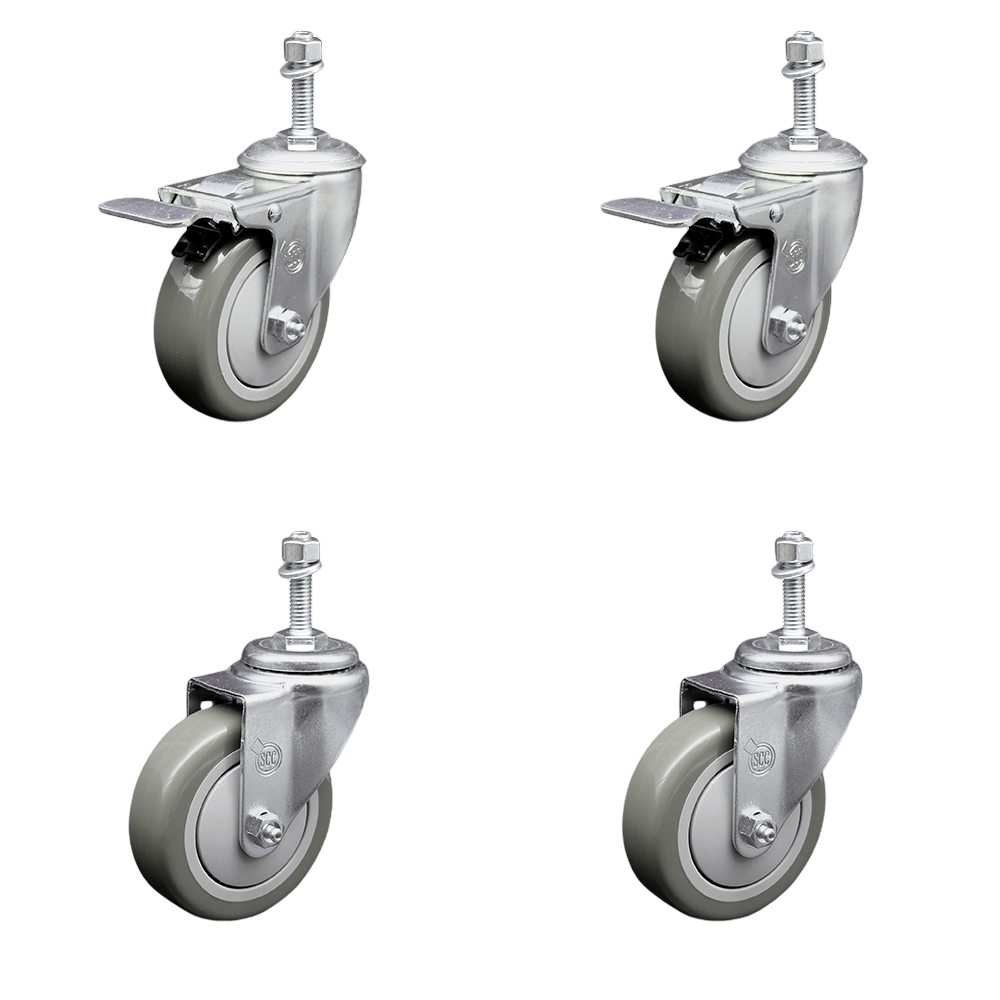 Polyurethane Swivel Threaded Stem Caster Set of 4 w/4" x 1.25" Gray Wheels and 3/8" Stems - Includes 2 with Total Locking Brake - 1400 lbs Total Capacity - Service Caster Brand — photo 1