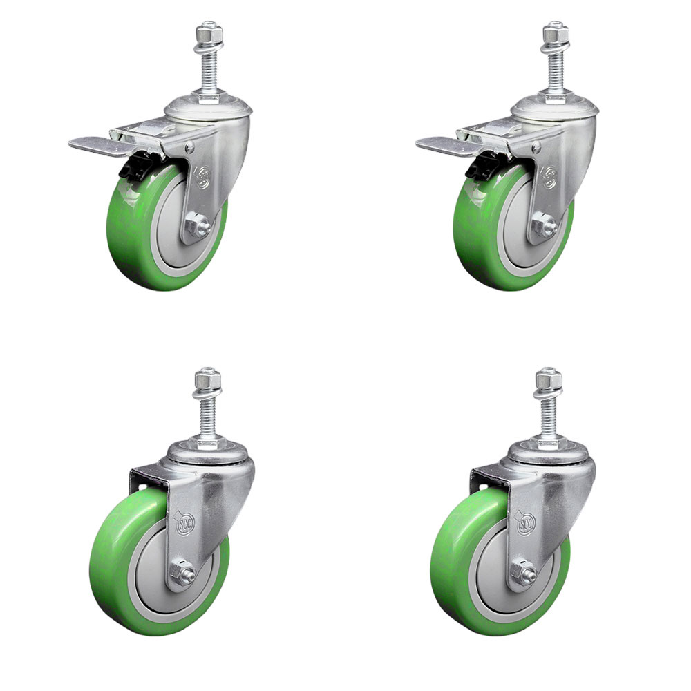 Polyurethane Swivel Threaded Stem Caster Set of 4 w/4" x 1.25" Green Wheels and 3/8" Stems - Includes 2 with Total Locking Brake - 1400 lbs Total Capacity - Service Caster Brand — photo 1