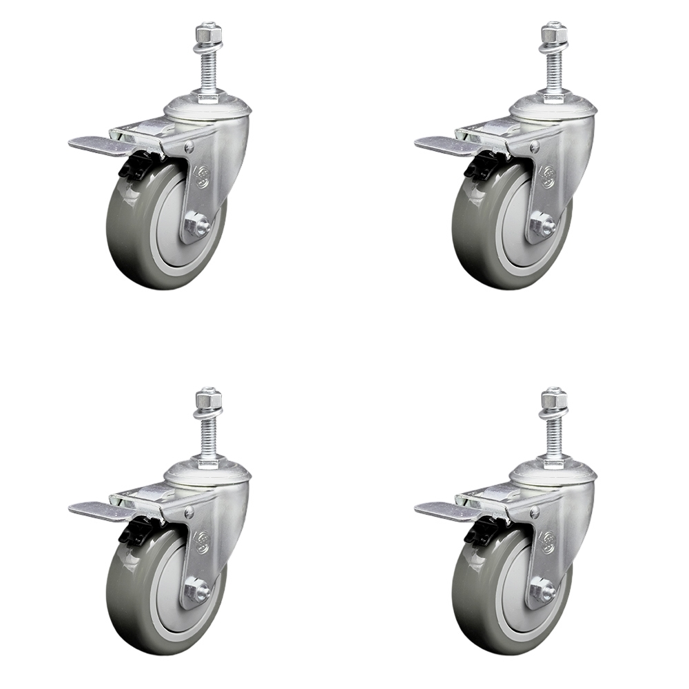 Polyurethane Swivel Threaded Stem Caster Set of 4 w/4" x 1.25" Gray Wheels and 3/8" Stems - Includes 4 with Total Lock Brakes - 1400 lbs Total Capacity - Service Caster Brand — photo 1