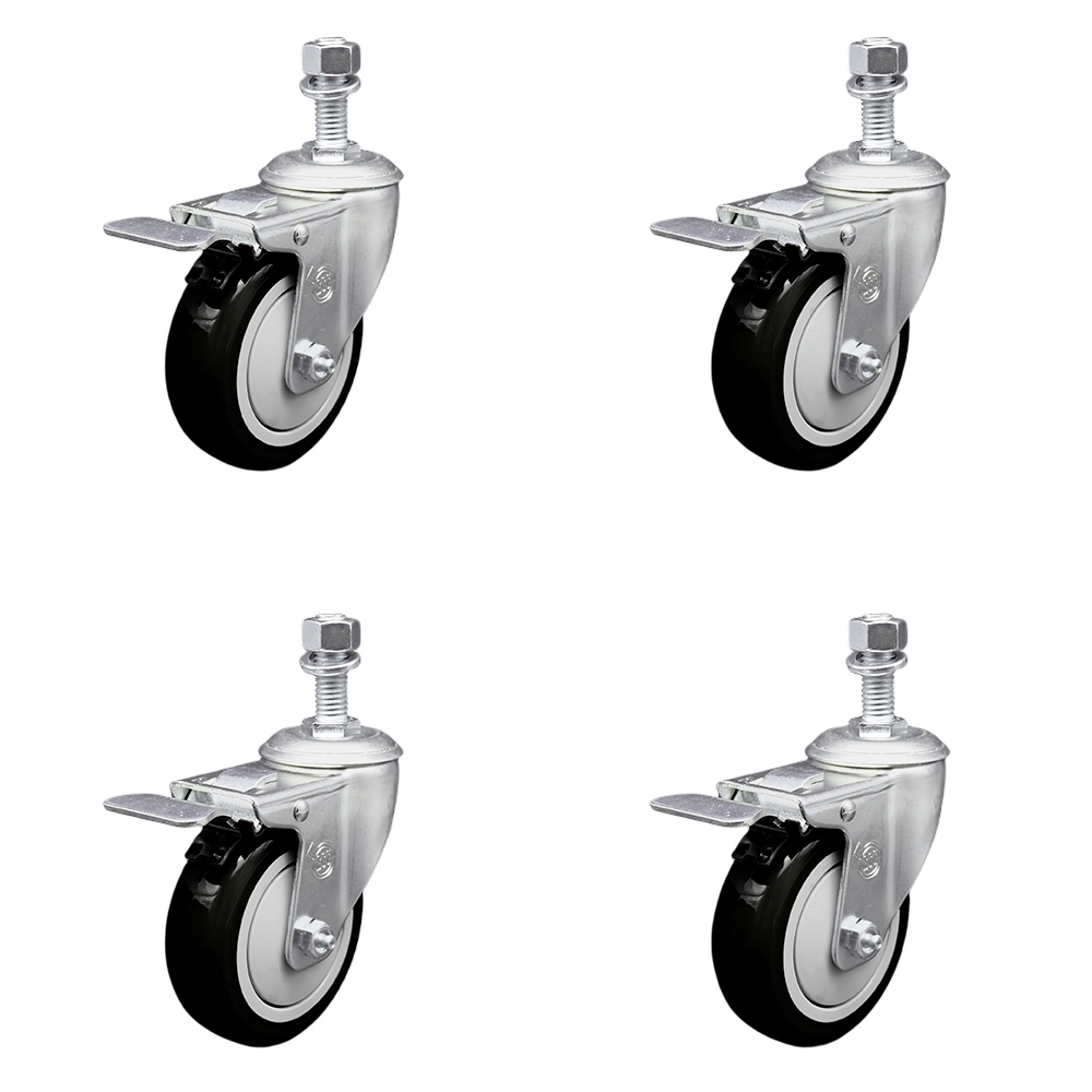Service Caster Brand Replacement Set for Eaton Tripp Casters DMCCASTER - Swivel Threaded Stem Casters with 4 Inch Black Polyurethane Wheels and 1/2" Stems - Includes 4 with Total Lock Brakes — photo 1