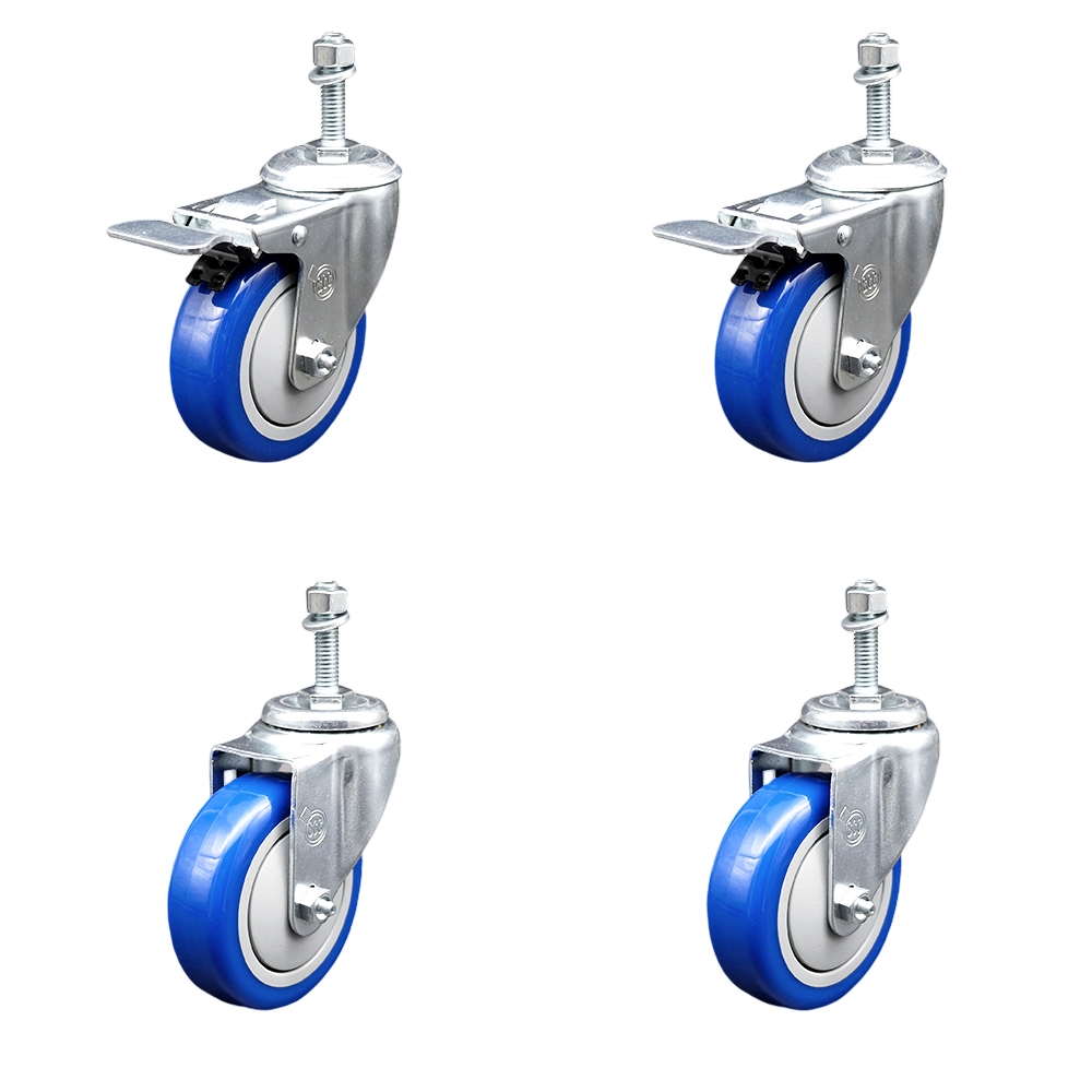 Polyurethane Swivel Threaded Stem Caster Set of 4 w/4" x 1.25"  Blue Wheels and 3/8" Stems - Includes 2 with Total Locking Brake - 1400 lbs Total Capacity - Service Caster Brand — photo 1