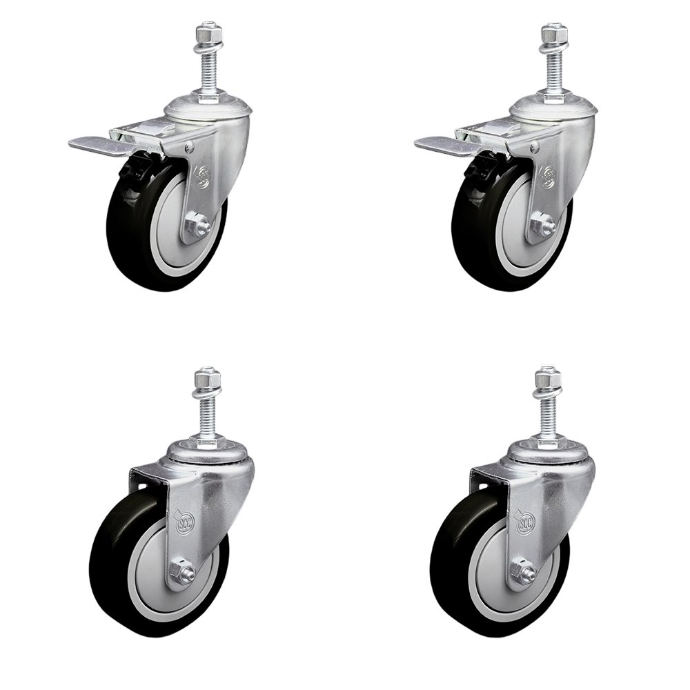 Polyurethane Swivel Threaded Stem Caster Set of 4 w/4" x 1.25"  Black Wheels and 3/8" Stems - Includes 2 with Total Locking Brake - 1400 lbs Total Capacity - Service Caster Brand — photo 1