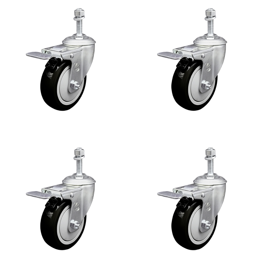 Polyurethane Swivel Threaded Stem Caster Set of 4 w/4" x 1.25" Black Wheels and 3/8" Stems - Includes 4 with Total Lock Brakes - 1400 lbs Total Capacity - Service Caster Brand — photo 1
