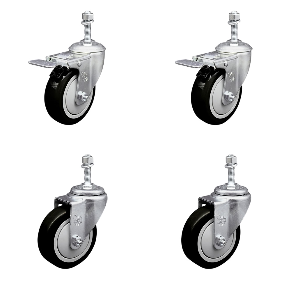 Polyurethane Swivel Threaded Stem Caster Set of 4 w/4" x 1.25"  Black Wheels and 10mm Stems - Includes 2 with Total Locking Brake - 1400 lbs Total Capacity - Service Caster Brand — photo 1