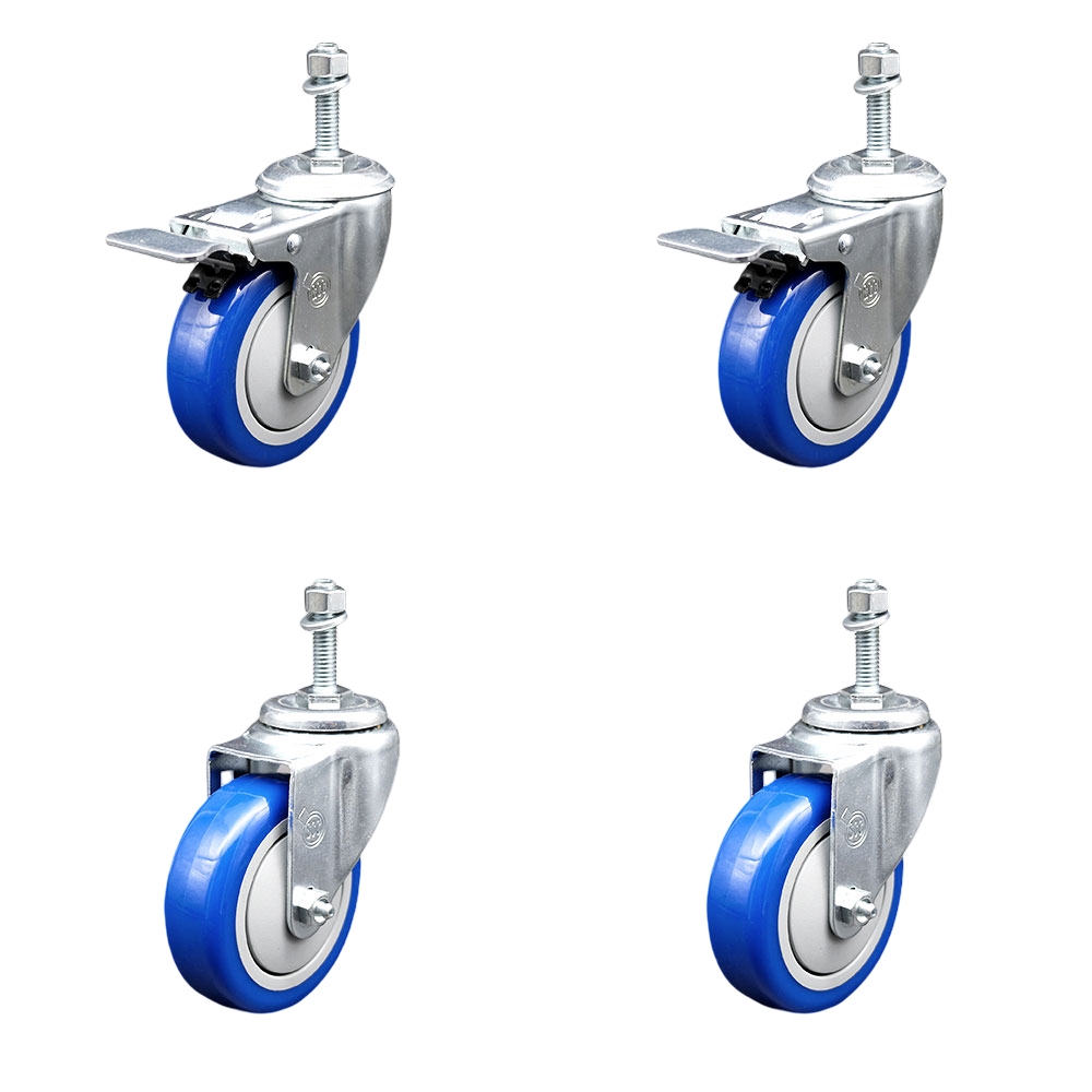 Polyurethane Swivel Threaded Stem Caster Set of 4 w/4" x 1.25"  Blue Wheels and 10mm Stems - Includes 2 with Total Locking Brake - 1400 lbs Total Capacity - Service Caster Brand — photo 1