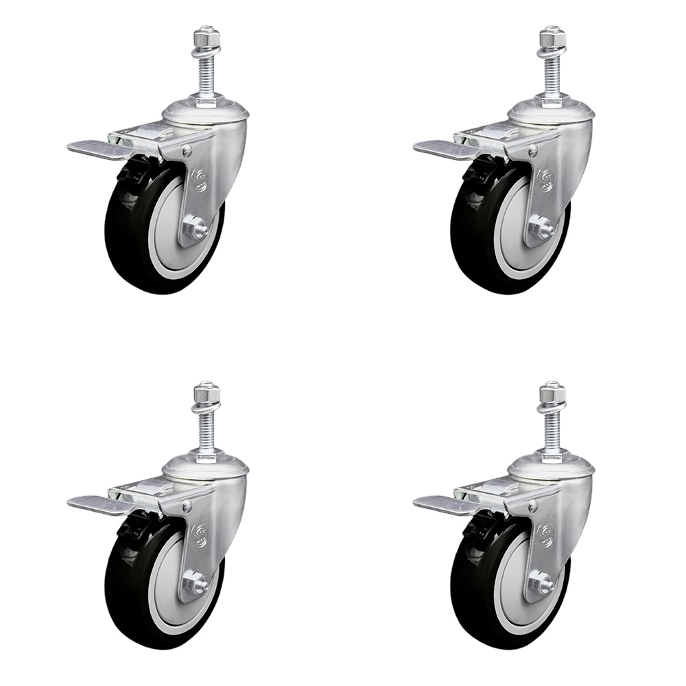 Polyurethane Swivel Threaded Stem Caster Set of 4 w/4" x 1.25" Black Wheels and 10mm Stems - Includes 4 with Total Lock Brakes - 1400 lbs Total Capacity - Service Caster Brand — photo 1
