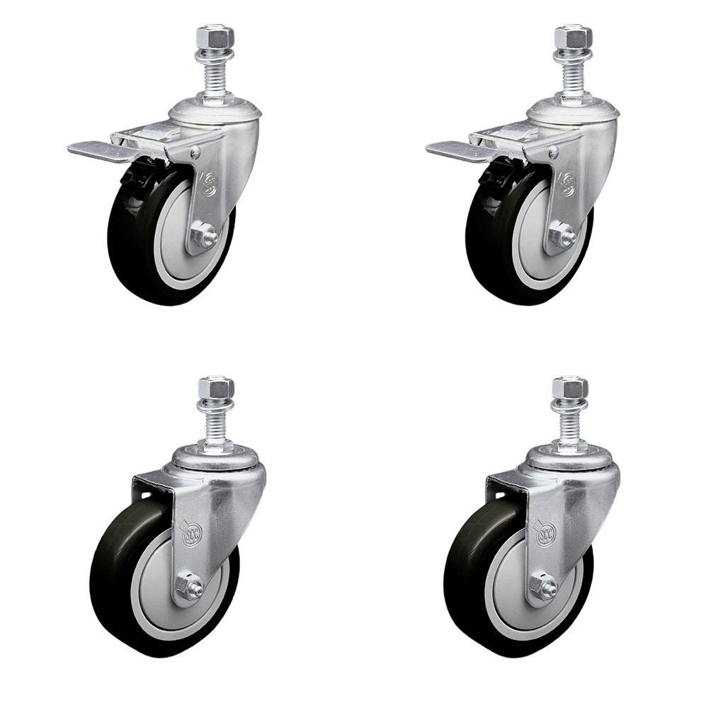 Polyurethane Swivel Threaded Stem Caster Set of 4 w/4" x 1.25"  Black Wheels and 12mm Stems - Includes 2 with Total Locking Brake - 1400 lbs Total Capacity - Service Caster Brand — photo 1