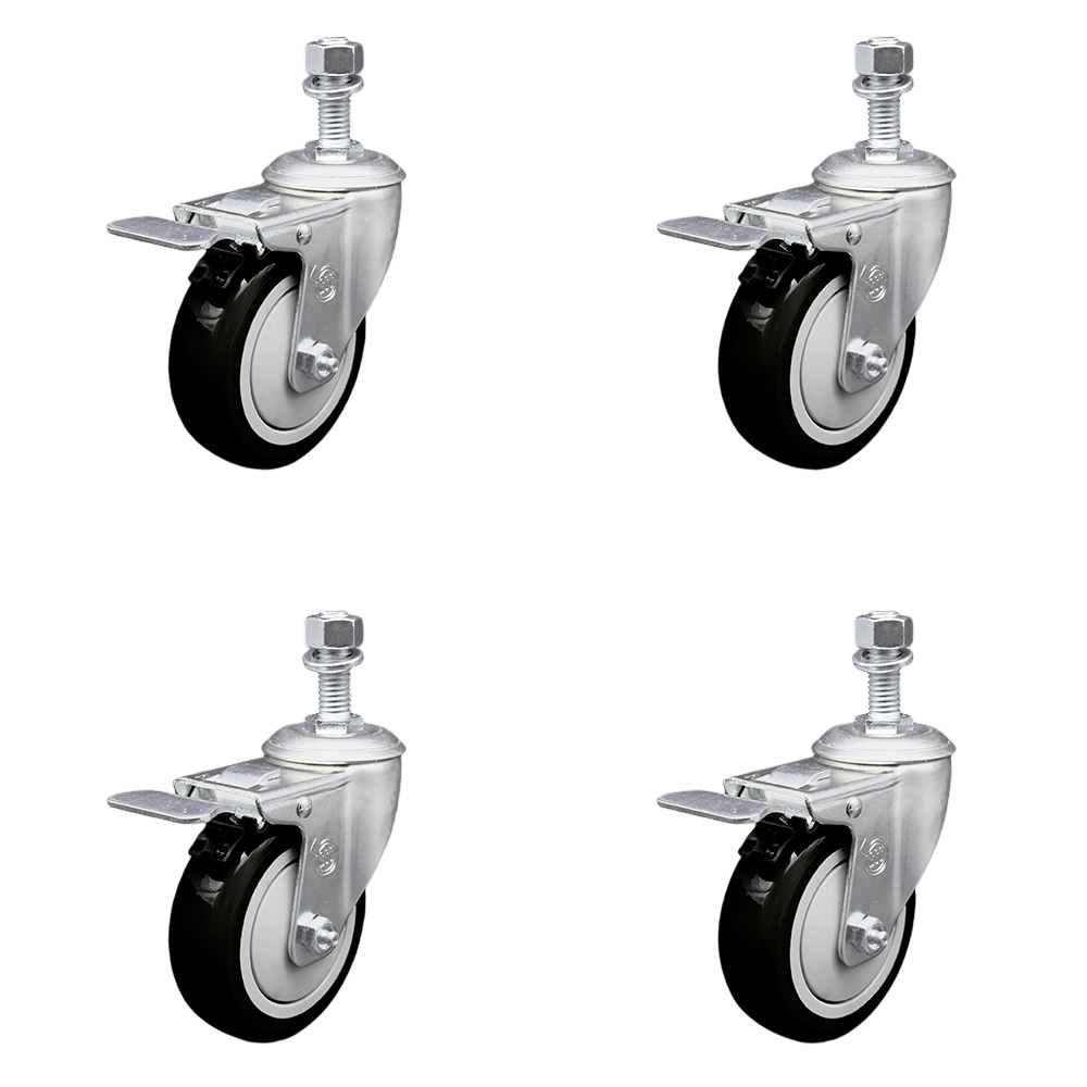Polyurethane Swivel Threaded Stem Caster Set of 4 w/4" x 1.25" Black Wheels and 12mm Stems - Includes 4 with Total Lock Brakes - 1400 lbs Total Capacity - Service Caster Brand — photo 1