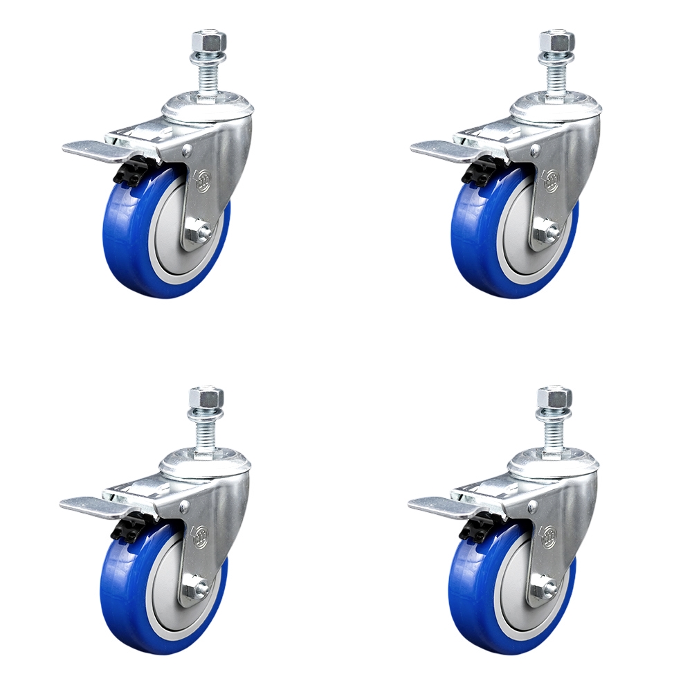 Polyurethane Swivel Threaded Stem Caster Set of 4 w/4" x 1.25" Blue Wheels and 1/2" Stems - Includes 4 with Total Lock Brakes - 1400 lbs Total Capacity - Service Caster Brand — photo 1