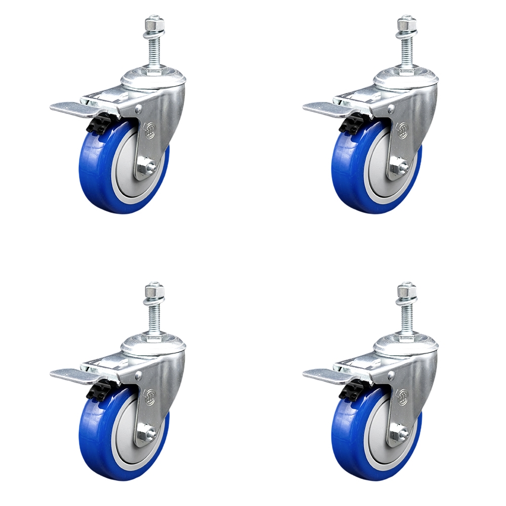 Polyurethane Swivel Threaded Stem Caster Set of 4 w/4" x 1.25" Blue Wheels and 3/8" Stems - Includes 4 with Total Lock Brakes - 1400 lbs Total Capacity - Service Caster Brand — photo 1