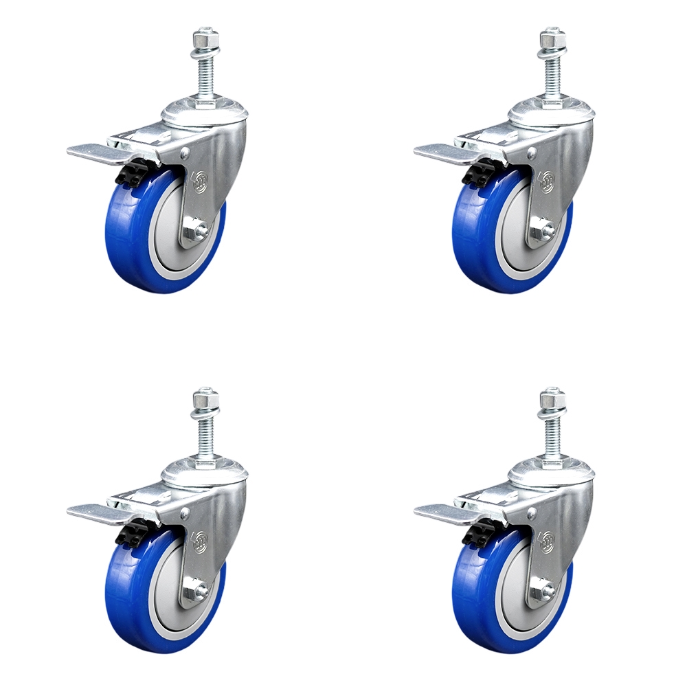 Polyurethane Swivel Threaded Stem Caster Set of 4 w/4" x 1.25" Blue Wheels and 10mm Stems - Includes 4 with Total Lock Brakes - 1400 lbs Total Capacity - Service Caster Brand — photo 1