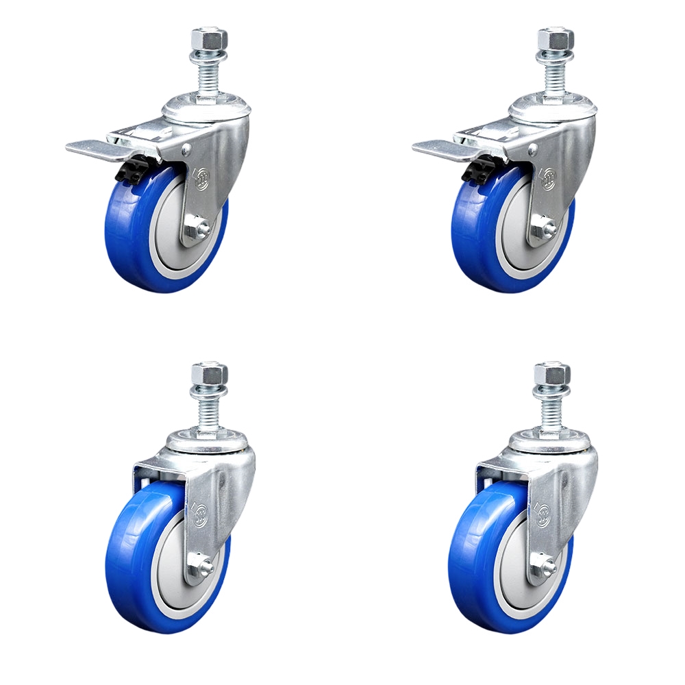 Polyurethane Swivel Threaded Stem Caster Set of 4 w/4" x 1.25"  Blue Wheels and 12mm Stems - Includes 2 with Total Locking Brake - 1400 lbs Total Capacity - Service Caster Brand — photo 1