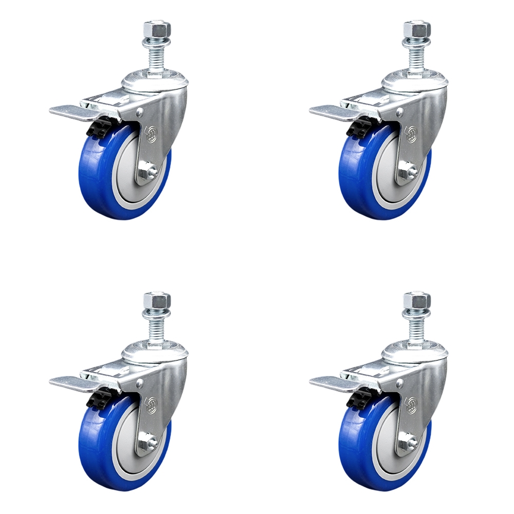 Polyurethane Swivel Threaded Stem Caster Set of 4 w/4" x 1.25" Blue Wheels and 12mm Stems - Includes 4 with Total Lock Brakes - 1400 lbs Total Capacity - Service Caster Brand — photo 1