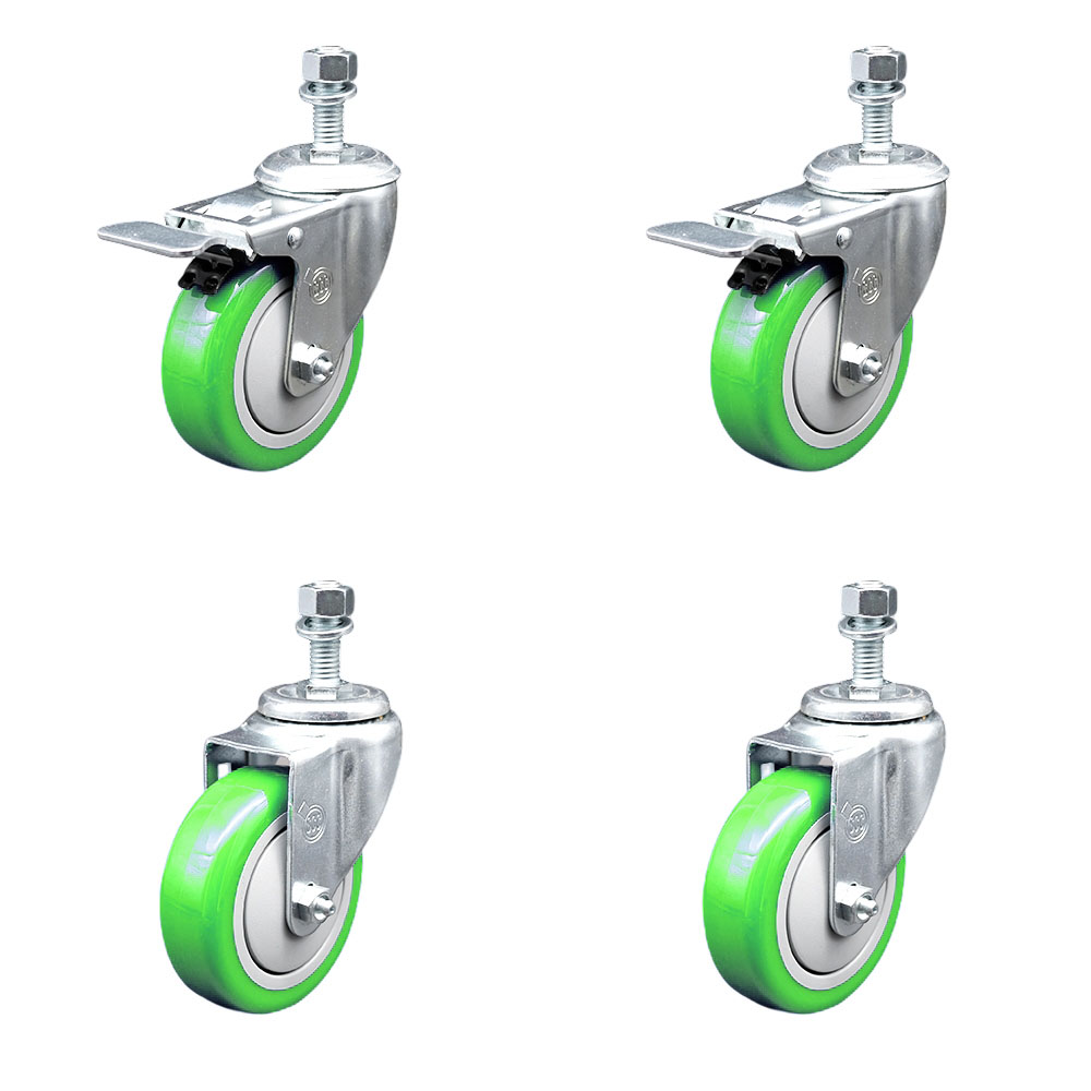 Polyurethane Swivel Threaded Stem Caster Set of 4 w/4" x 1.25" Green Wheels and 1/2" Stems - Includes 2 with Total Locking Brake - 1400 lbs Total Capacity - Service Caster Brand — photo 1