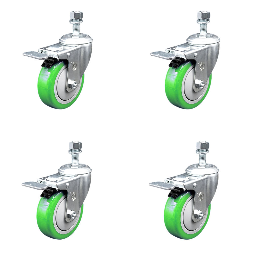 Service Caster Brand Replacement Set for Eaton Tripp Casters DMCCASTER - Swivel Threaded Stem Casters with 4 Inch Green Polyurethane Wheels and 1/2" Stems - Includes 4 with Total Lock Brakes — photo 1