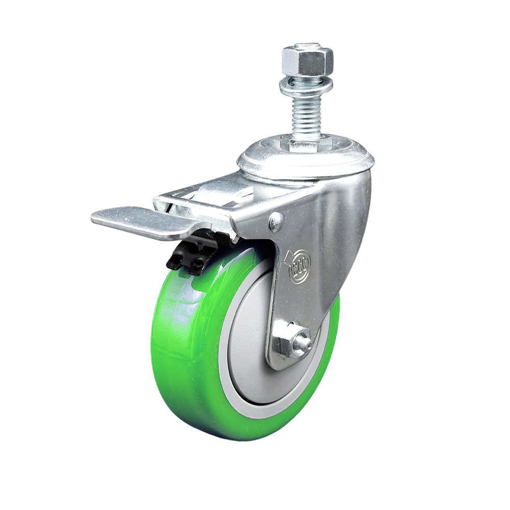 Service Caster Brand Replacement for Colson Caster 2.04254.95 BRK5 - Polyurethane Swivel Threaded Stem Caster with 4" Green Wheel and 1/2" x 1-1/2" Stem & Total Locking Brake - 350 lbs Capacity/Caster — photo 1