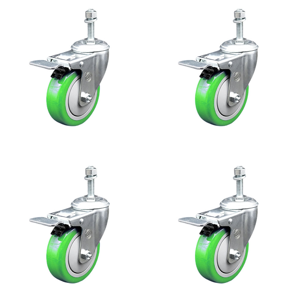 Polyurethane Swivel Threaded Stem Caster Set of 4 w/4" x 1.25" Green Wheels and 3/8" Stems - Includes 4 with Total Lock Brakes - 1400 lbs Total Capacity - Service Caster Brand — photo 1